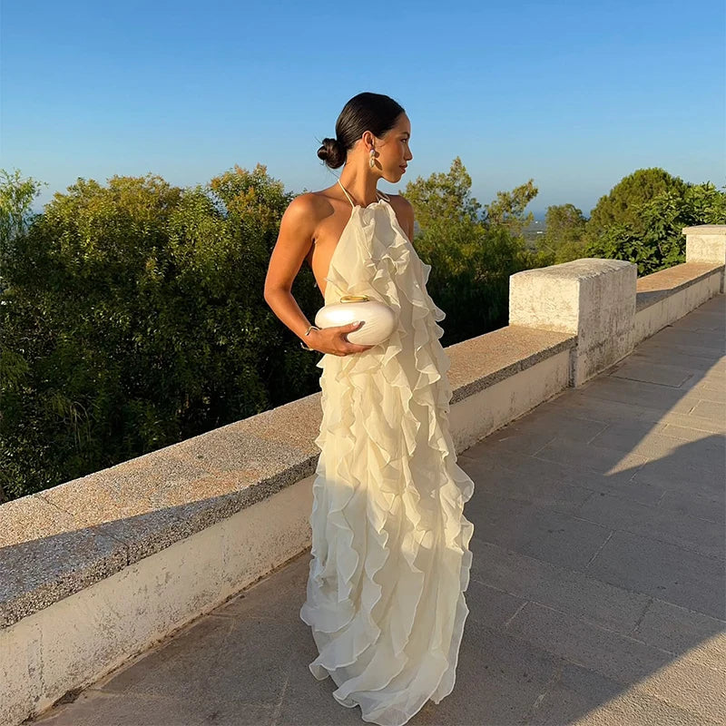 Aiertu  -  Chic Ruffle Hem Dress Women Halter Sleeveless Backless Lace Up Floor-length Dresses Female 2025 Spring Summer Fashion Lady Robe Aiertu