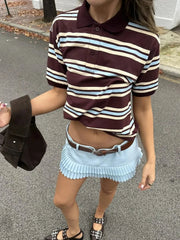 Aiertu  -  Striped Contrast Short Sleeve T-shirt Women Buttons Turndown Collar Tee Shirt Spring New Streetwear Vintage Chic Top Tees 2025 Aiertu