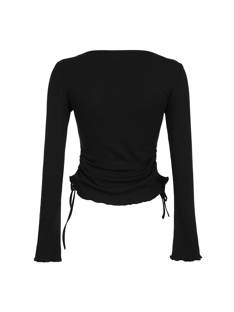 Aiertu - summer inspo Black Solid Ribbed O Neck Slim Long Sleeve Basic Long Sleeve T Shirt Women Side Shirring Lace-Up Chic Fashion Elegant Simple Tee Aiertu