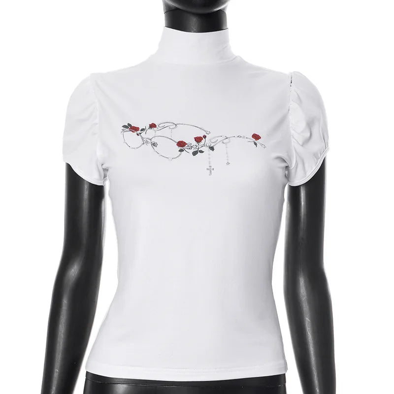 Aiertu  Streetwear Summer Half High Collar Women's Tops Vintage Flower Printing Harajuku T-shirts Y2k Aesthetic Puff Sleeve Grunge Tees Aiertu