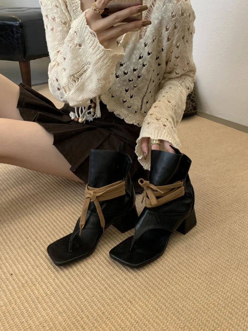 Aiertu    -  Woman Chunky Heels Summer Boots Fashion Thong High-toe Shoes Lace Up High Heels Ladies Sandals 2025 Trends Aiertu
