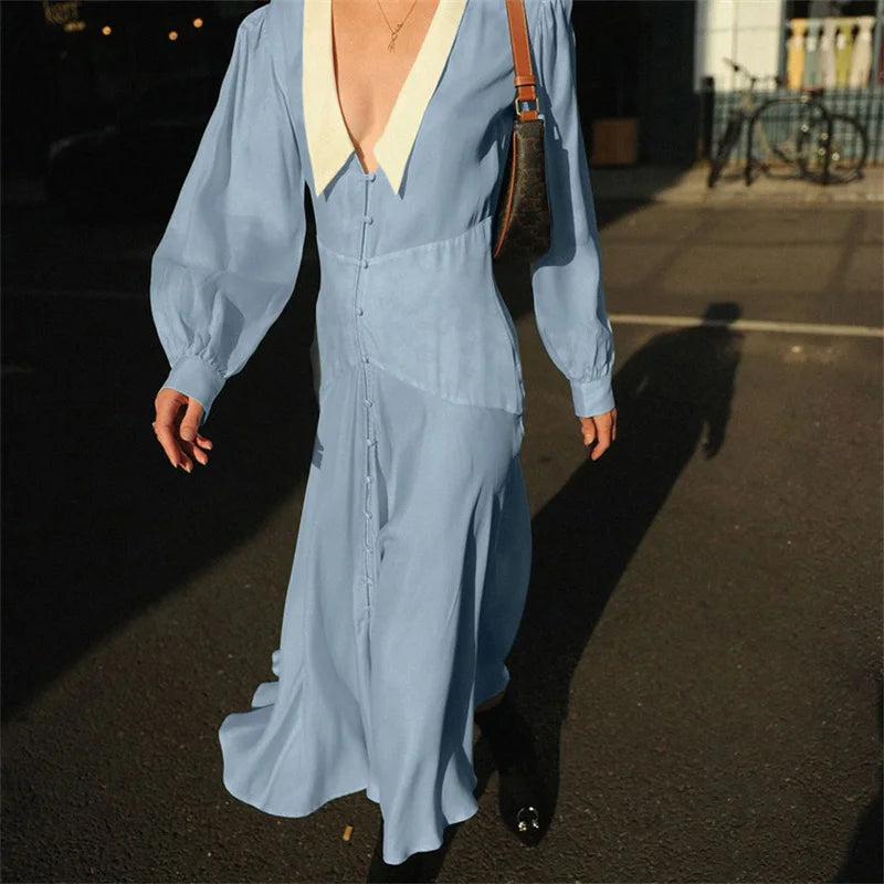 Aiertu    -  Long Sleeve Cardigan Maxi Dress For Women Slim Fit Elegant High Waist Patchwork Single Breasted Fashion Holiday Dress Aiertu