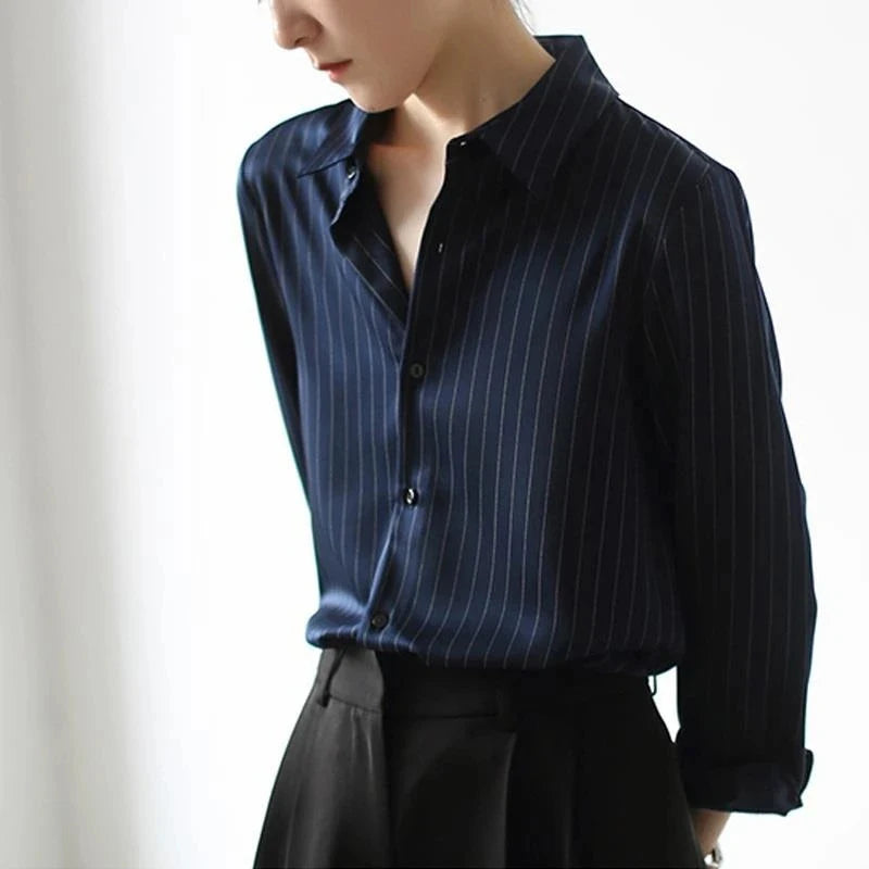 Aiertu Vintage Black Striped Shirts Women Office Long Sleeve Loose Casual Blouses Lady Korean Fashion Elegant Chic All Match Tops Aiertu