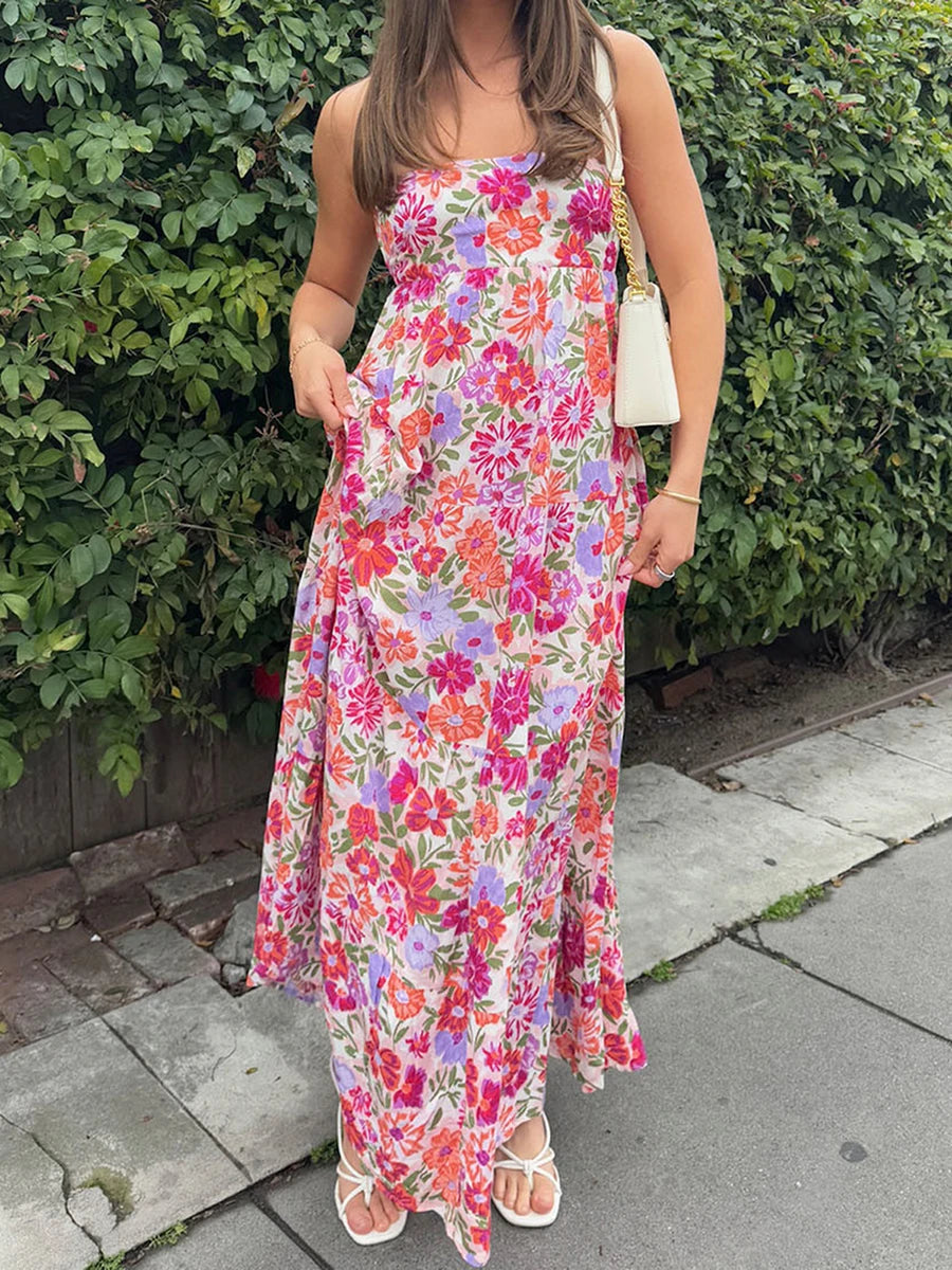 Aiertu  -  Elegant Off-Shoulder Maxi Dress with Boho Floral Print and Lace-Up Back Detail for Summer Wedding Party or Vacation Beachwear Aiertu