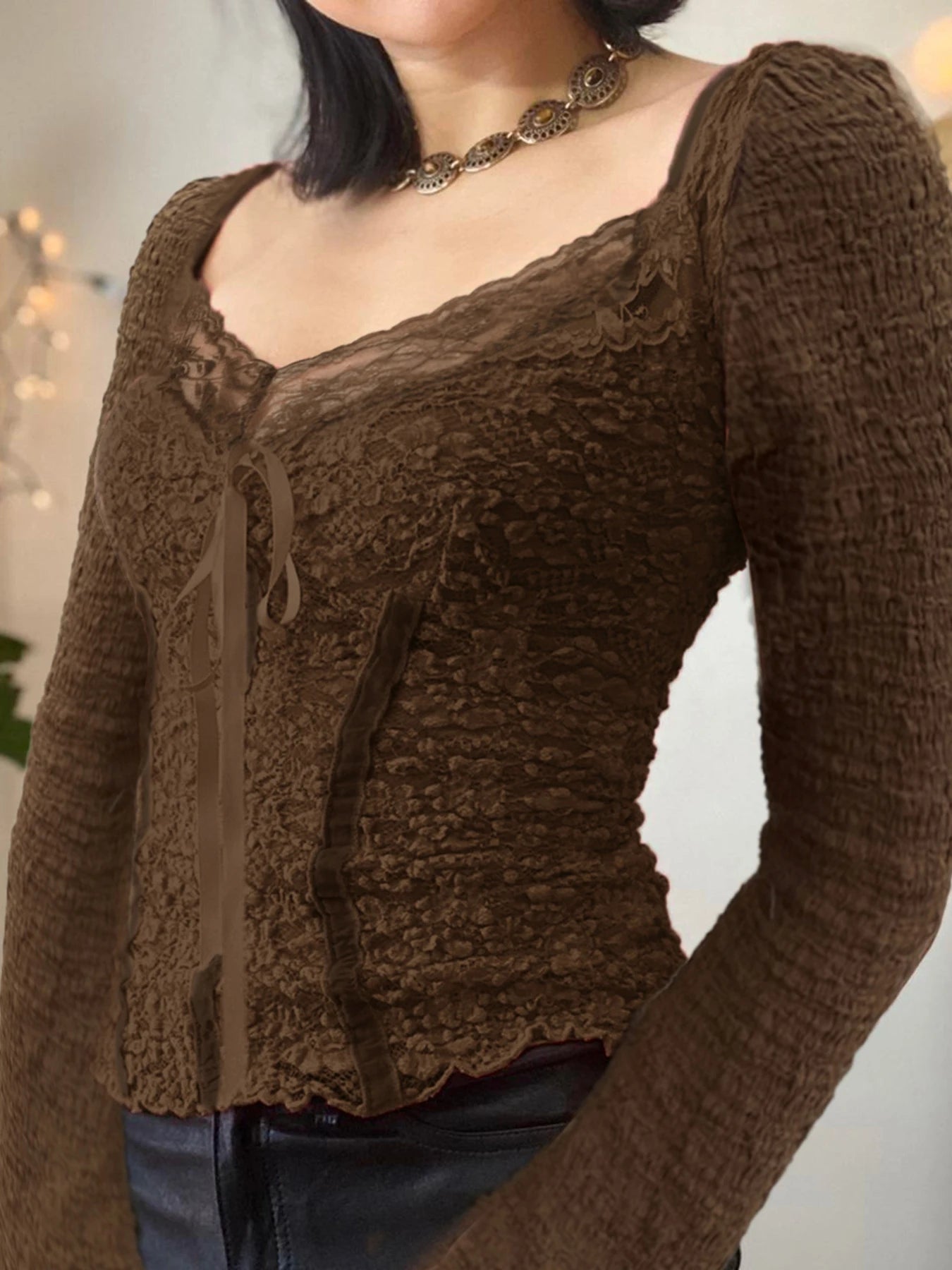 Aiertu  -  layered look inspo Brown Sexy Pleated Long Sleeve T-Shirt for Women Square Neck Semi-see-through Casual Aesthetic Vintage Tops Y2k Clothes Aiertu