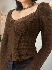 Aiertu  -  layered look inspo Brown Sexy Pleated Long Sleeve T-Shirt for Women Square Neck Semi-see-through Casual Aesthetic Vintage Tops Y2k Clothes Aiertu