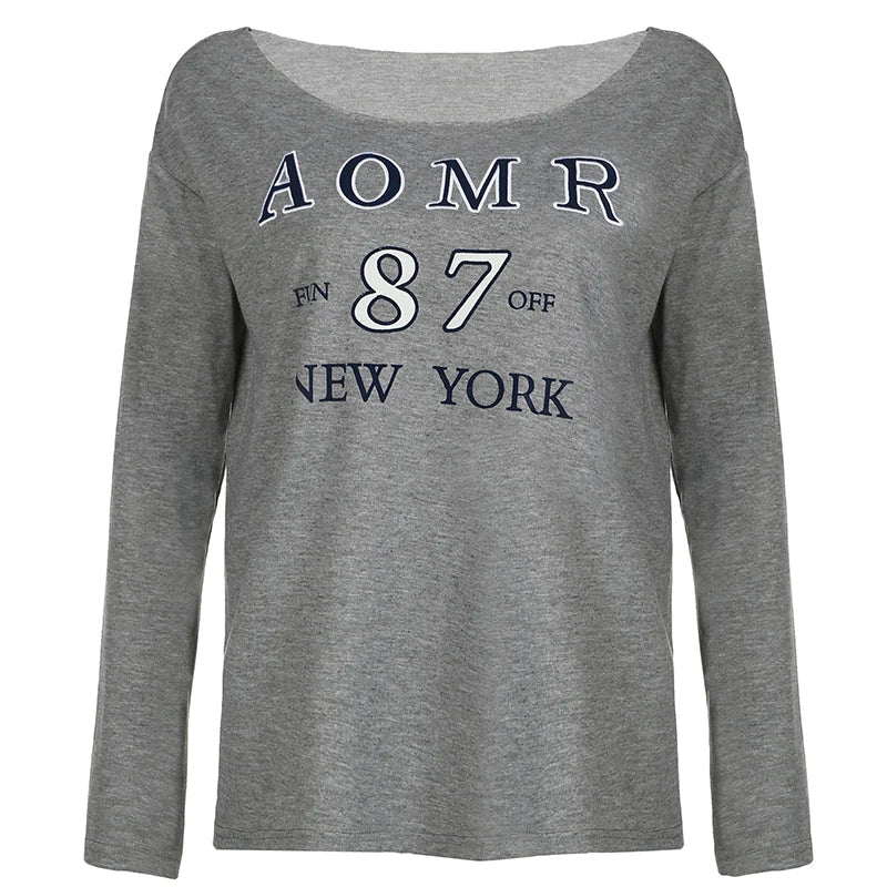 Aiertu  -  Letter Printed Loose Fit Tops Streetwear Casual Full Sleeve Women Tees Skew Collar Concise Long T-shirts Autumn Winter Aiertu