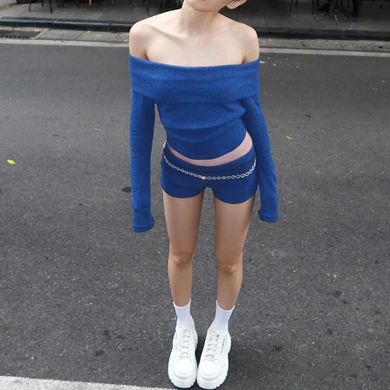 PICSGIRL - party look snspos Casual High Street Sexy Two-piece Shorts Sets Ladies Fashion Off Shoulder Slash Neck Crop Tees+Stripe Tight Shorts Clubwear Aiertu