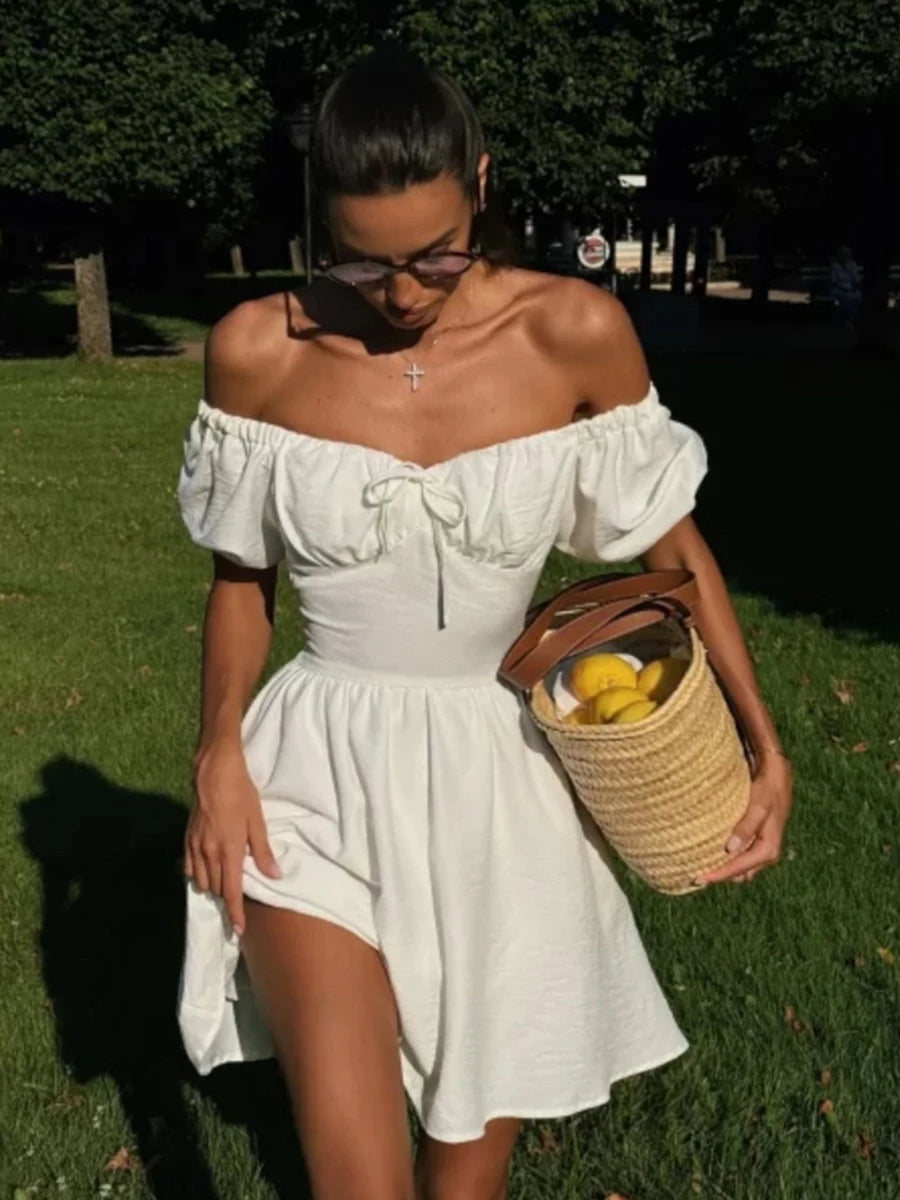 Aiertu  -  White Waist Lace-up Mini Dress Women Drawstring Off Shoulder Puff Sleeve A-line Dresses Summer Simple Casual Fashion Vestidos Aiertu