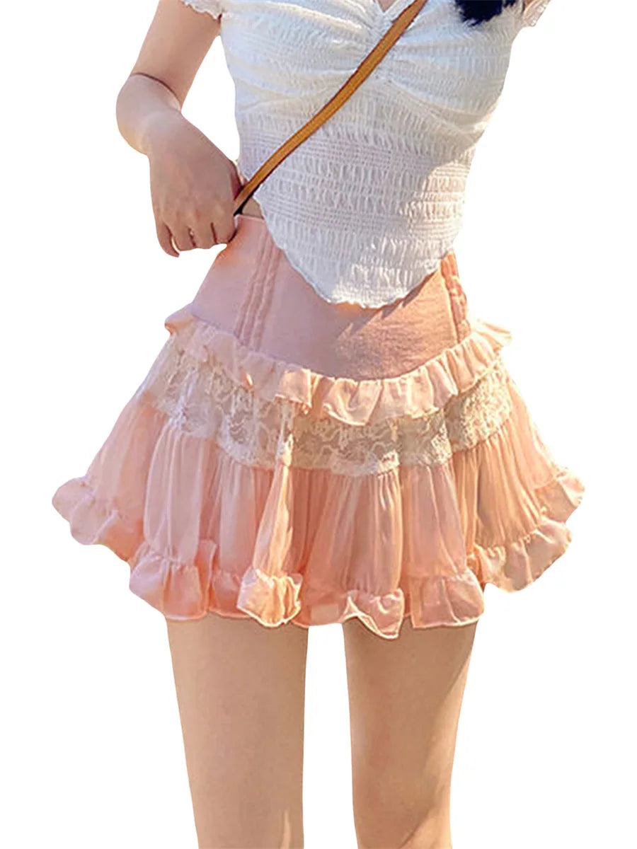 Aiertu Women's Summer Mini Skirts Cute High Waist Lace Patchwork Ruffle Hem A-Line Skirts Aiertu