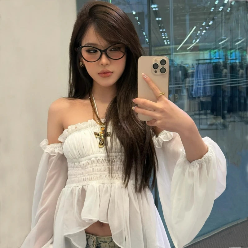 Aiertu  Off Shoulder Ruffles Sexy Lantern Long Sleeve Halter Backless Fashion All-match Crop Tops Y2K Summer Streetwear Blouses Aiertu