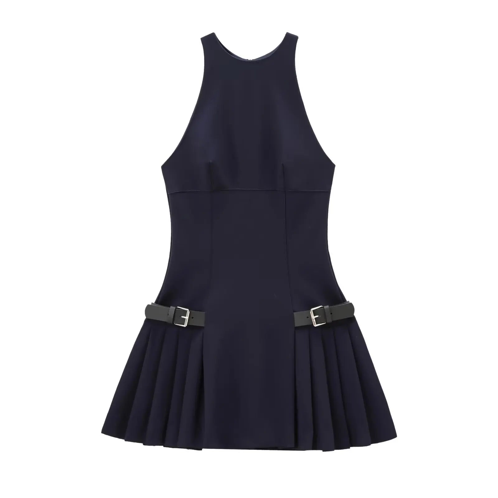 Aiertu  -  New Vintage Solid Belted Mini Dress Women 2025 Spring O Neck Sleeveless A-line Vestidos Elegant Fashion Casual Pleated Dresses Aiertu