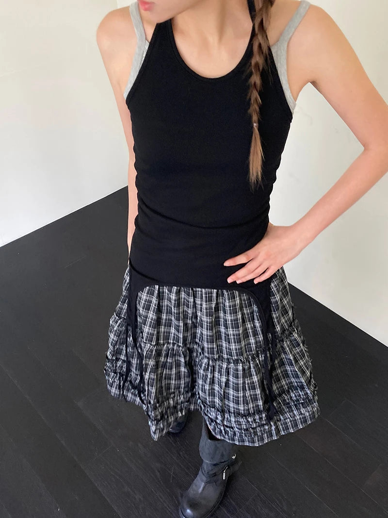 Aiertu  -  Vintage Plaid Mini Skirt Women Japanese Harajuku Ruffles Patchwork Black Skirts Summer High Waist Casual A Line Faldas New Aiertu