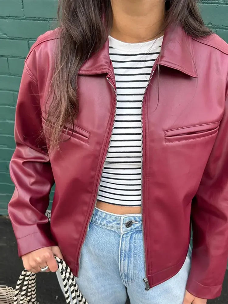 Aiertu  -  Fashion Women Zipper Short Bomber Leather Jacket Chic Lapel Long Sleeves Cropped Jackets 2026 Female Party Streetwear Outerwear Aiertu