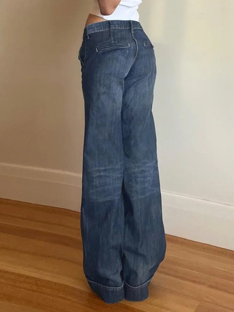 Aiertu  Grunge Vintage Streetwear Mid Waist Wide Leg Pants Women American Retro Sexy High Street Hip Hop Slim Jeans Aiertu
