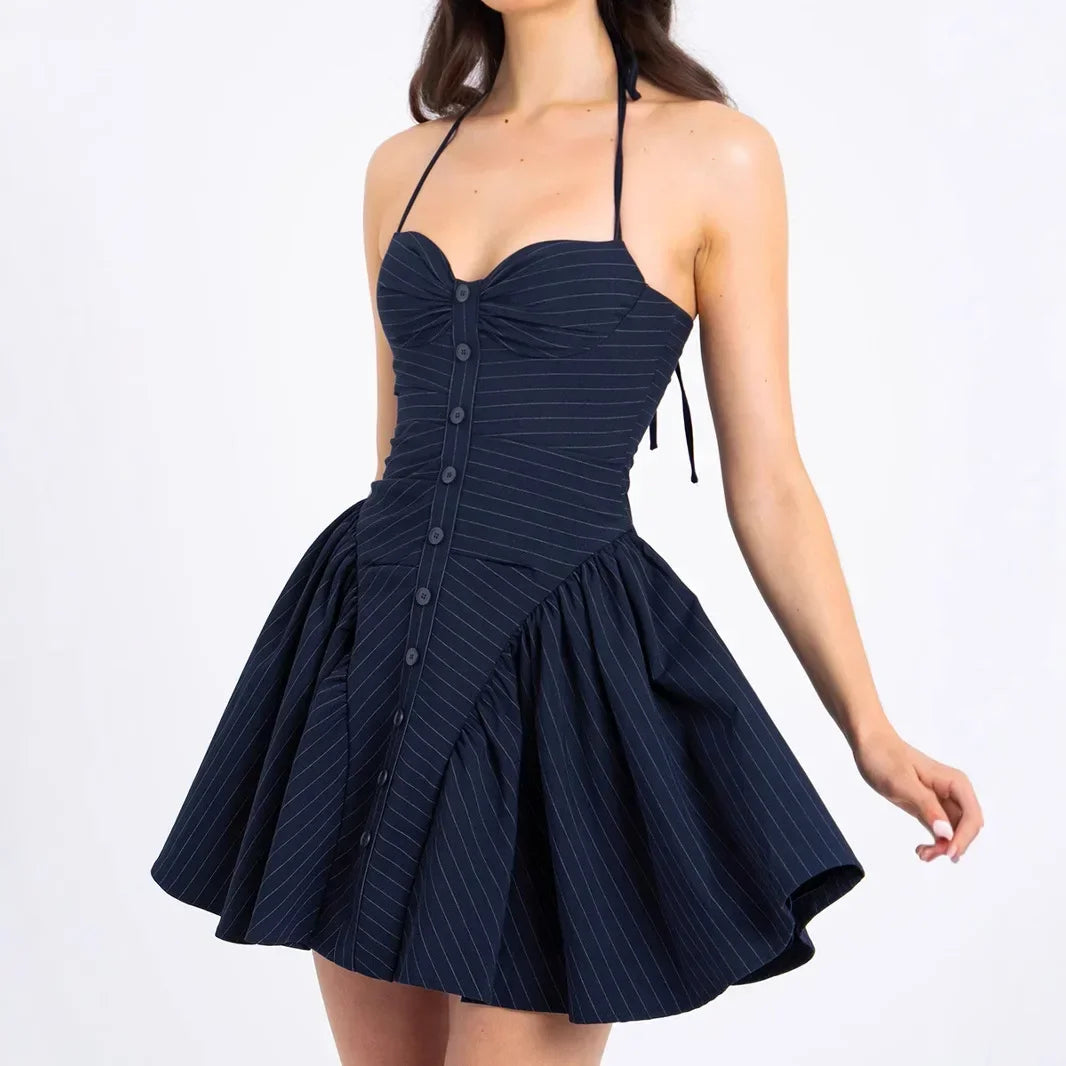 Aiertu  -  Pure Desire Style Striped Hanging Neck, Waist, and Bareback Dress for Female Niche Women's High End Dress 2025 Aiertu