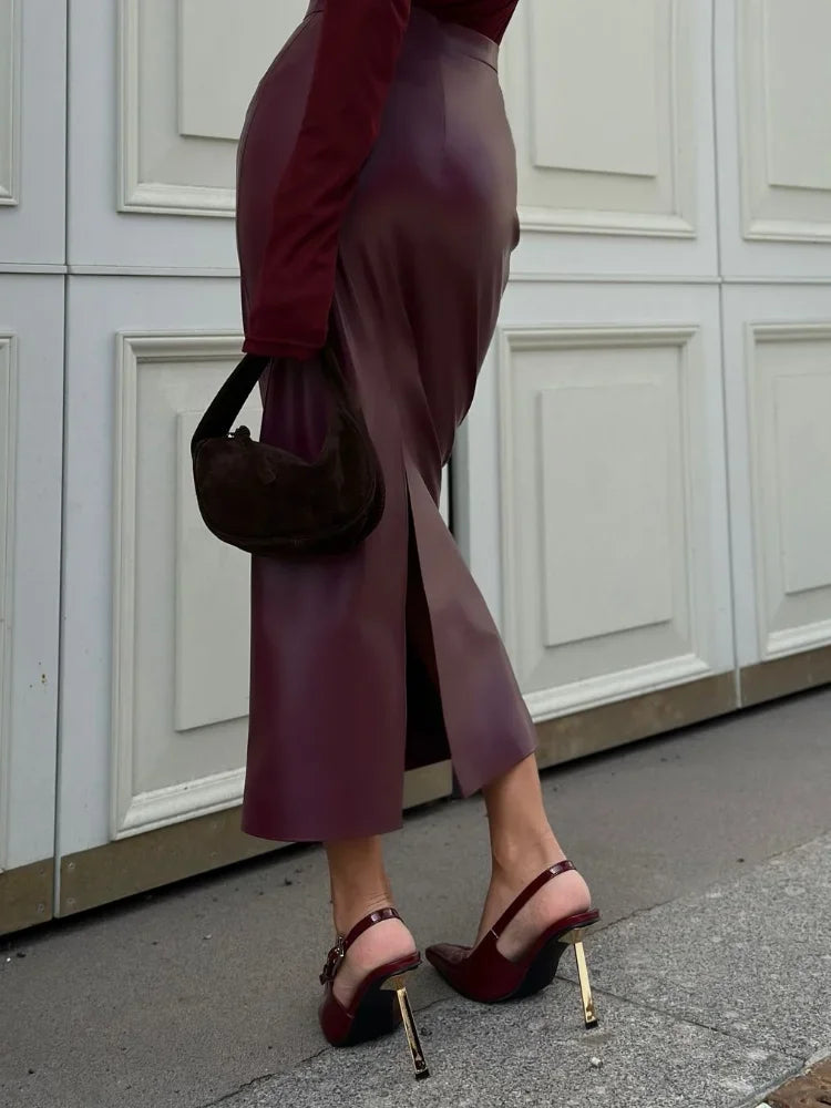 Aiertu  -  Ancora Red High Waist Leather Midi Skirt Elegant Women Slim Fit Split Half Long Skirt 2026 Autumn Fashion Commute Street Wear Aiertu