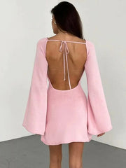 Aiertu  -  Womens Flare Sleeve Lace-up Backless Pink Sweater Dress Ladies Autumn High Waist Hollow Out Knitted White Party Vacation Dresses Aiertu
