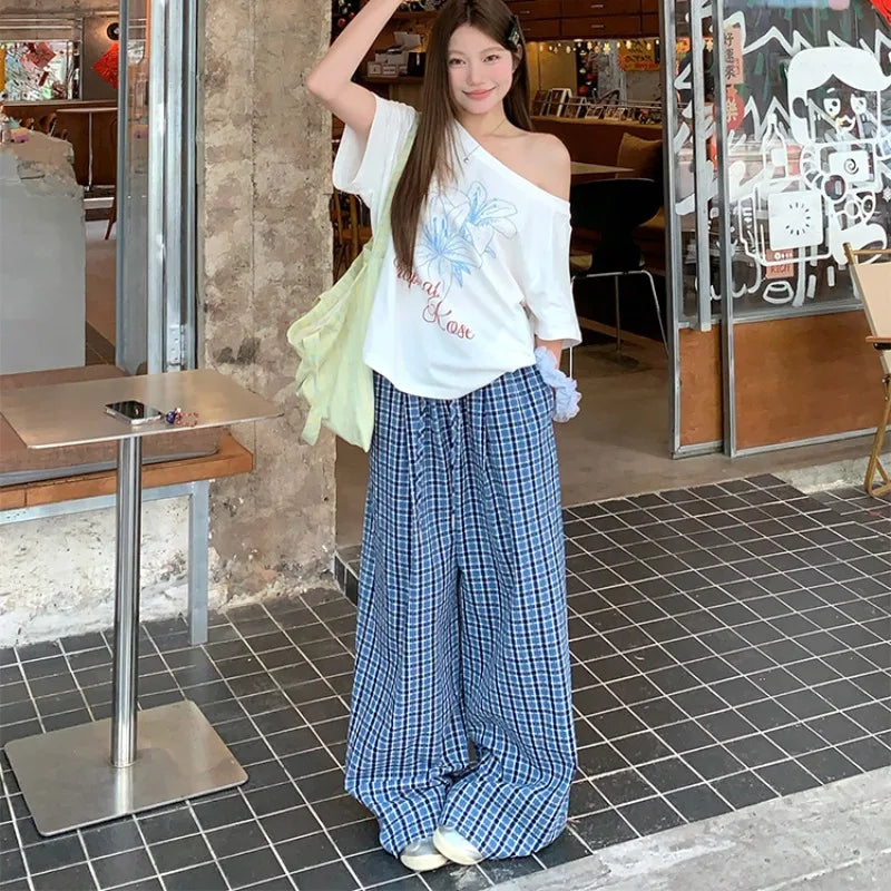 Aiertu  -  Casual Plaid Wide Leg Long Pants Summer Women Elastic High Waist Loose Trousers Female Woman Clothes 2025 Aiertu