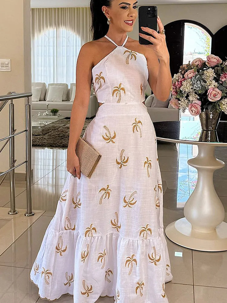 Aiertu  -  Elegant Print Lace Up Halter Long Dress For Women Fashion Hollow Waist Backless A-line Dresses 2026 New Lady Evening Party Robes Aiertu