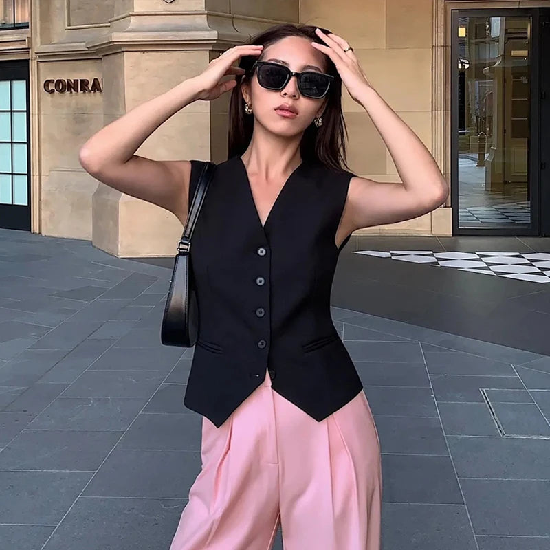 Aiertu  -  Fashion Temperament V-neck Small Suit Vest Women 2026 Spring Summer Slim Solid Color Single Breasted Coat Female Commute Clothes Aiertu