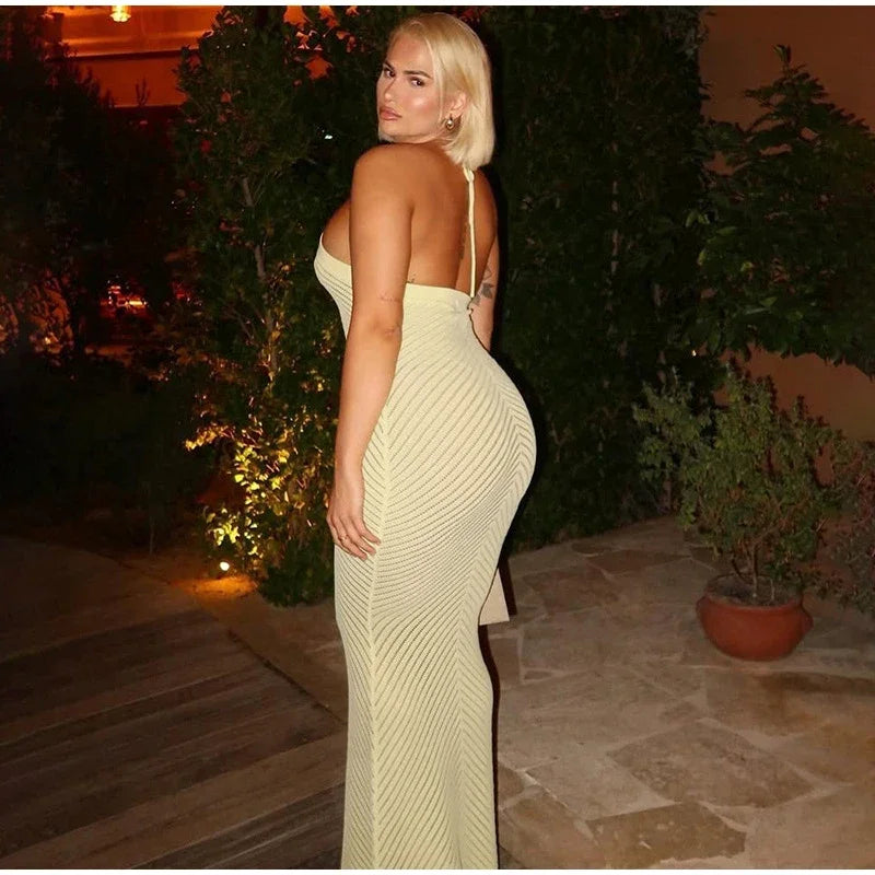 Aiertu  -  Solid  Knitted Halter Backless Long Dress Women Hollow Out Vacation Loose Sexy Dresses 2026 Summer Holiday Party Lady Vestidos Aiertu