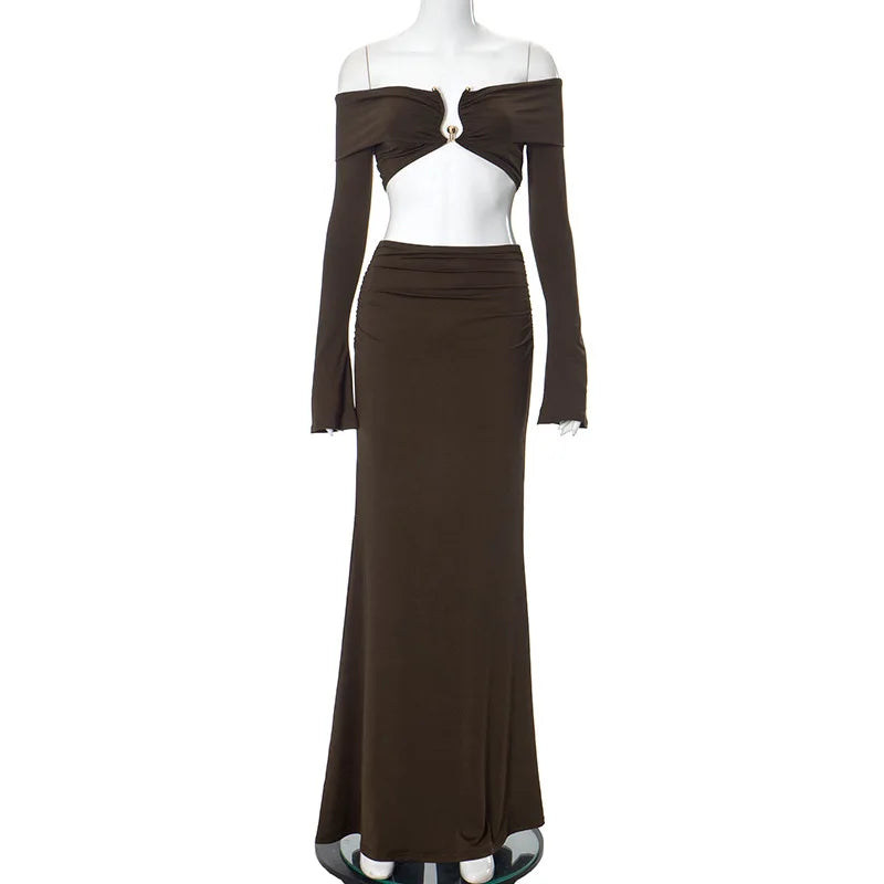 Aiertu  -   Fashion Off Shoulder Ruched Dress Sets Autumn Vacation Beachwear Matching Sets Sexy Split Two Piece Sets Outfits Aiertu