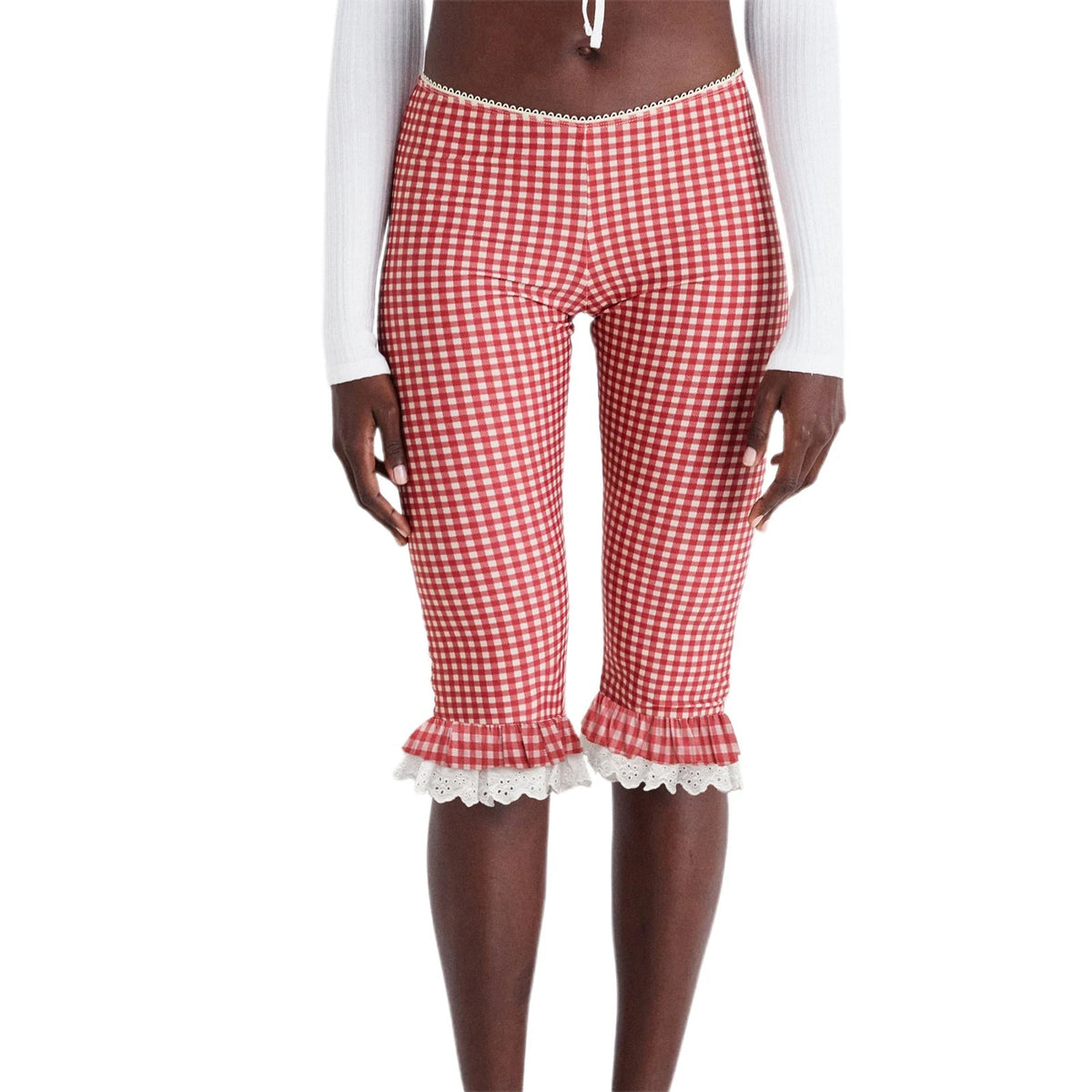 Aiertu  -  Women s Plaid Capri Pants with Lace Ruffles and Stretchy Cropped Leggings for Summer Casual Wear Aiertu