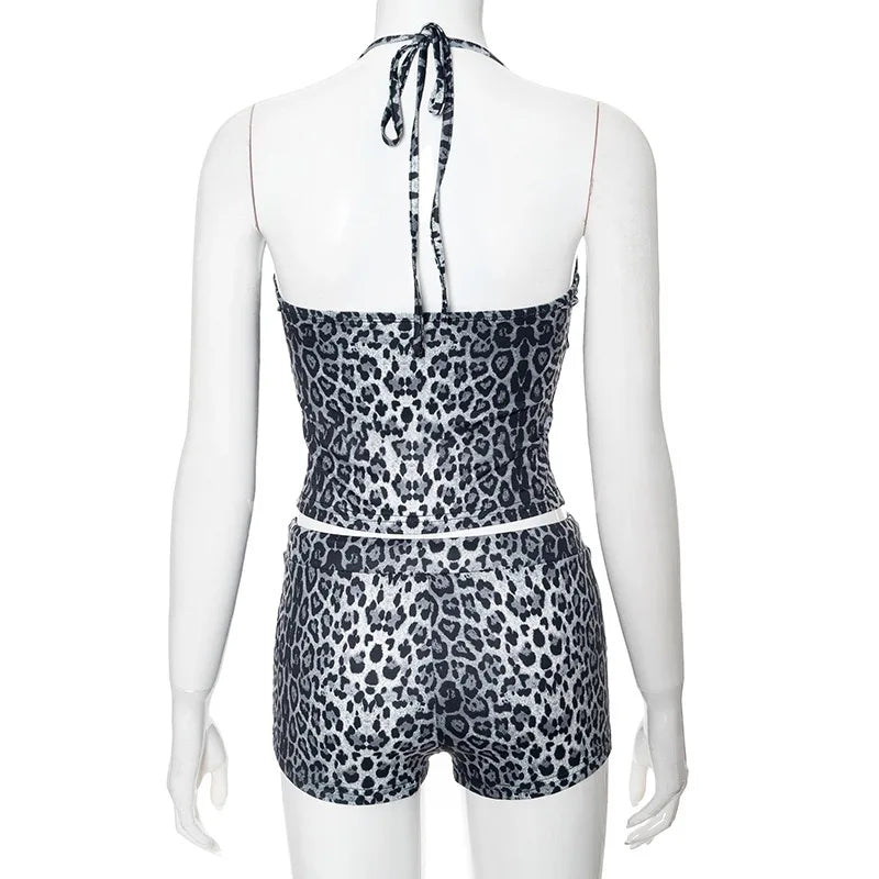 Aiertu  -  Spaghetti Strap Halter Sleeveless Crop Top And Shorts Leopard Print Summer Feminine New Arrivals Streetwear 2 Piece Set Aiertu