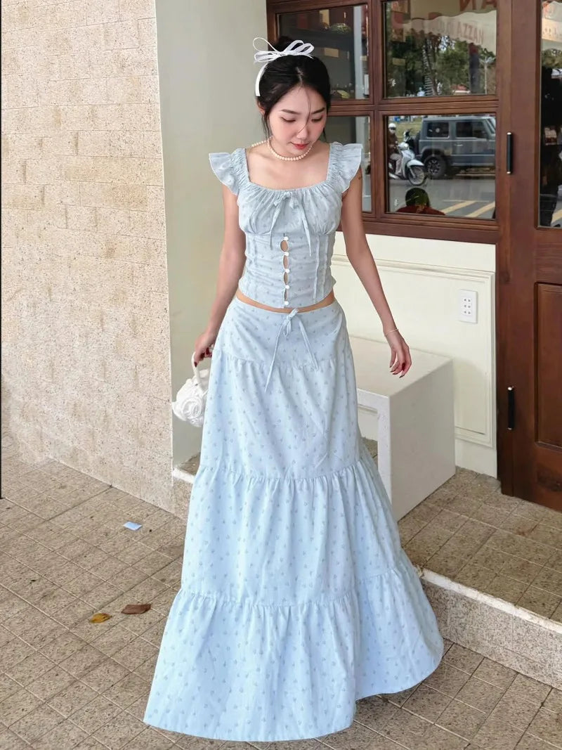 Aiertu  -  Floral Print Two Piece Set Woman Smocked Crop Top and Long Skirts Sets Shoujo Girl Style Vacation Outfits P67-GZ41 Aiertu