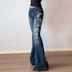 Aiertu  -   Y2K Rose Embroidered Trumpet Jeans Women Fashion Aesthetic Slim Flare Pants Vintage Blue 2000s Denim Trousers Spring Aiertu