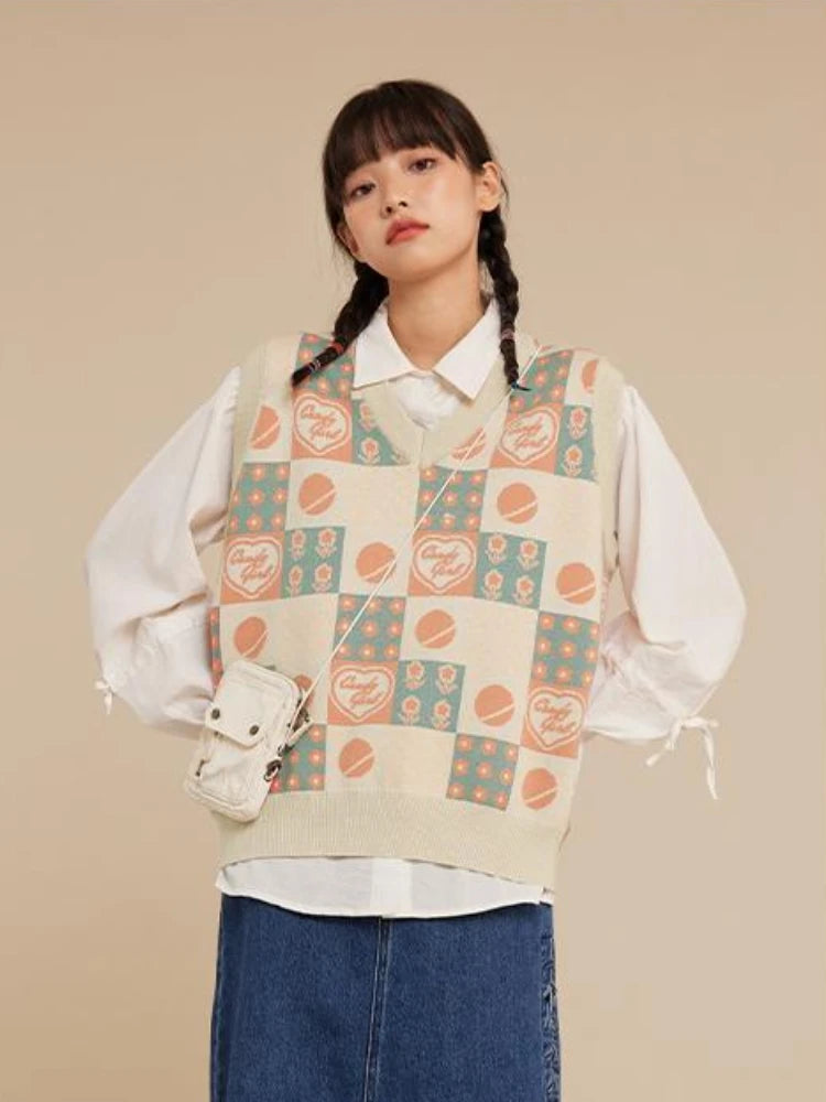 Aiertu  -   Kawaii Preppy Style Sweater Vest Y2k Women Sweet Pink Loose Floral V-Neck Knitted Pullover Sleeveless Plaid Outerwear Aiertu
