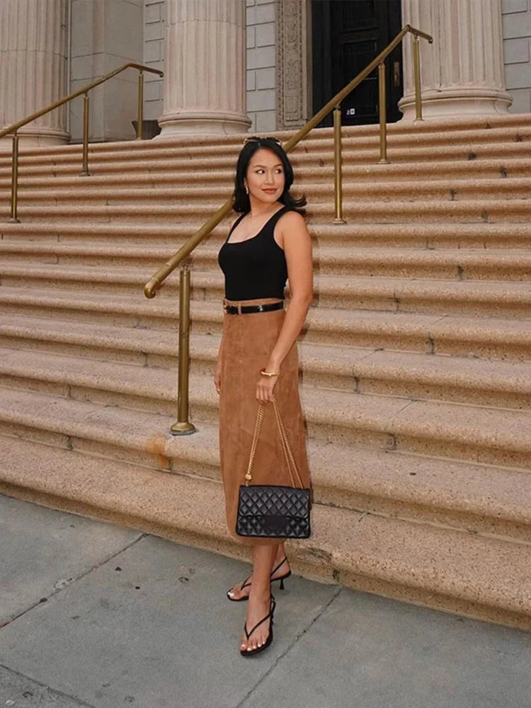 Aiertu  -  Women Elegant Suede Leather Midi Skirt Fashion High Waist Loose A-line Long Skirts 2026 Female High Street Commuting Casual Wear Aiertu