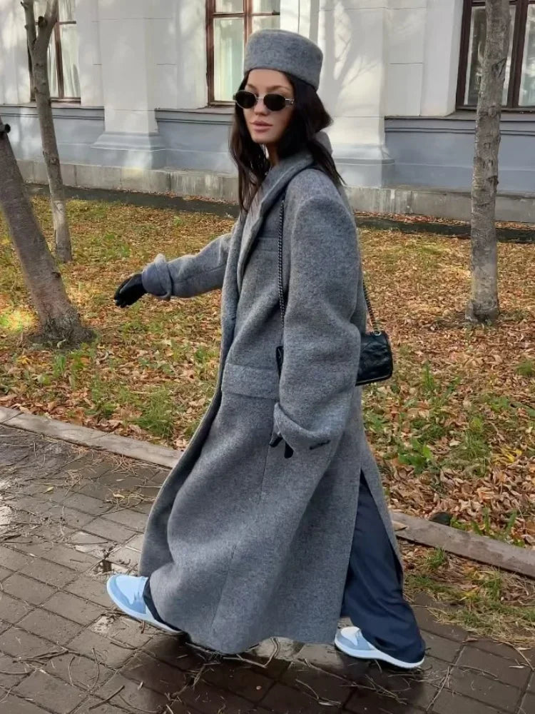 Aiertu  -  Fashion Grey Lapel Long Woolen Coats Women Double-breasted Pockets Long Sleeves Overcoat 2026 Autumn Lady Street Outerwear Aiertu