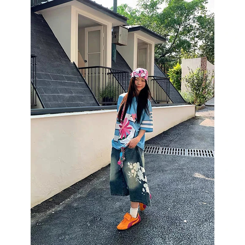 Aiertu  -  Y2k Baggy Vintage Blue Jorts Women High Waist American Streetwear Wide Leg Knee Length Jeans Casual Loose Summer Denim Shorts Aiertu