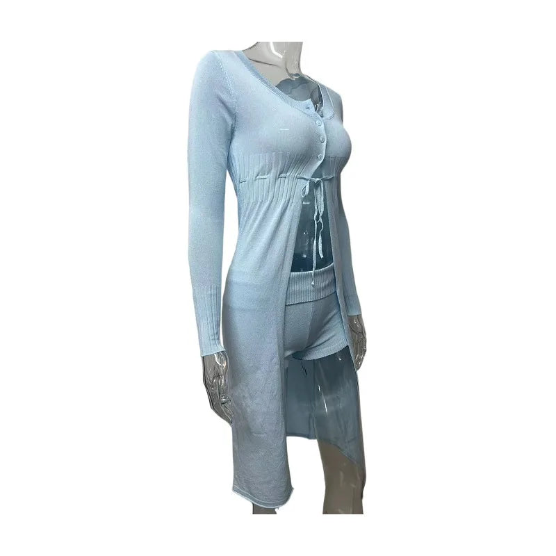 Aiertu  -  Fashion Vacation Summer Outfits 2pc Lace-up Knit Long Cardigan Top And Tight Shorts Set Spring Chic Sexy Beach Tees Pant Set New Aiertu