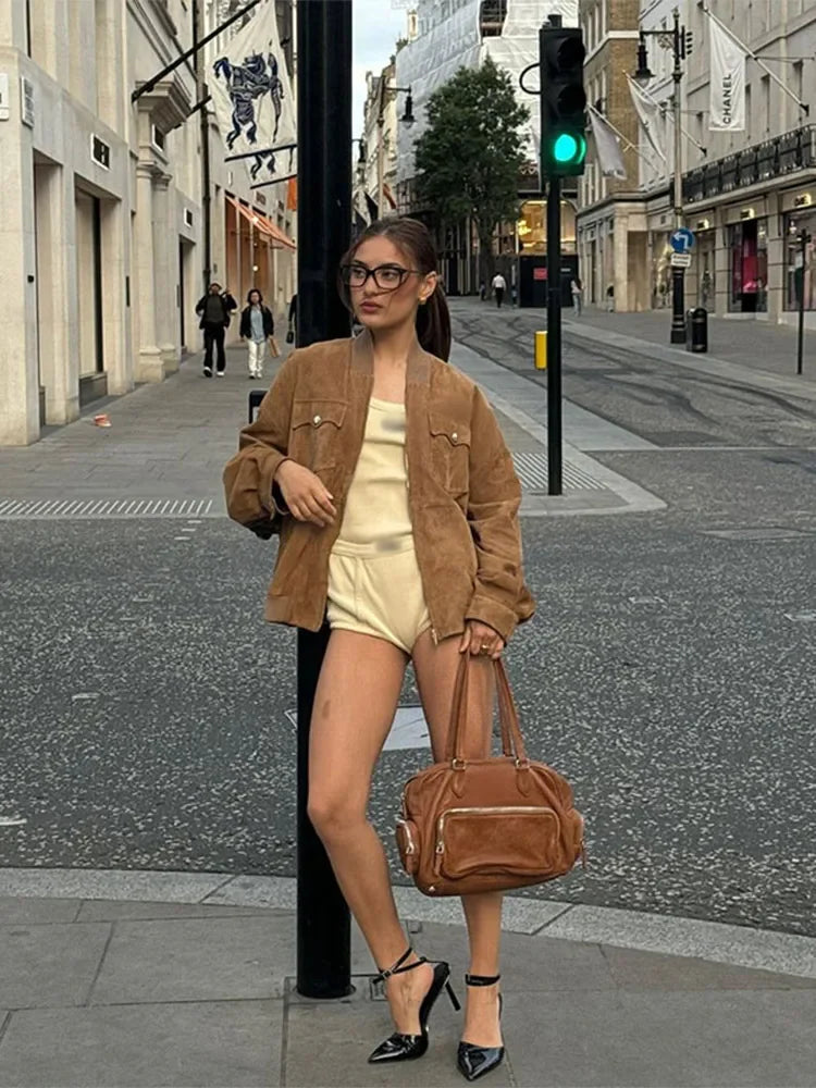 Aiertu     -  Fall Outfits 2026 Fashion Retro Brown Zipper Suede Leather Coat Women Elegant Stand Collar Zipper Pocket Long Sleeve Jacket Autumn Lady Outwear Aiertu