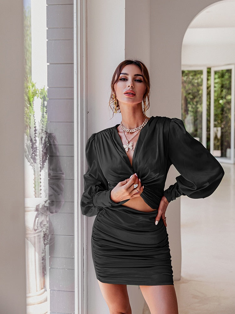 Aiertu  Sexy deep v neck bodycon dress Party club hollow out mini dress Elegant winter autumn chic lantern sleeve satin dress Aiertu