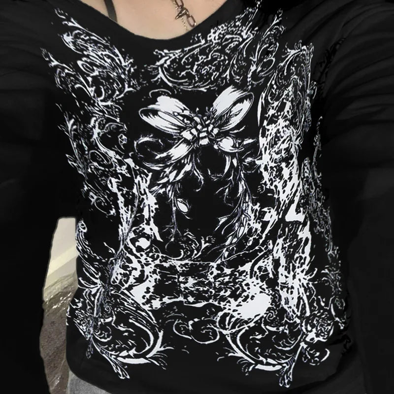Aiertu  -  Halloween European and American personality niche dark printing contrasting colors loose large version long-sleeved T-shirt top Aiertu