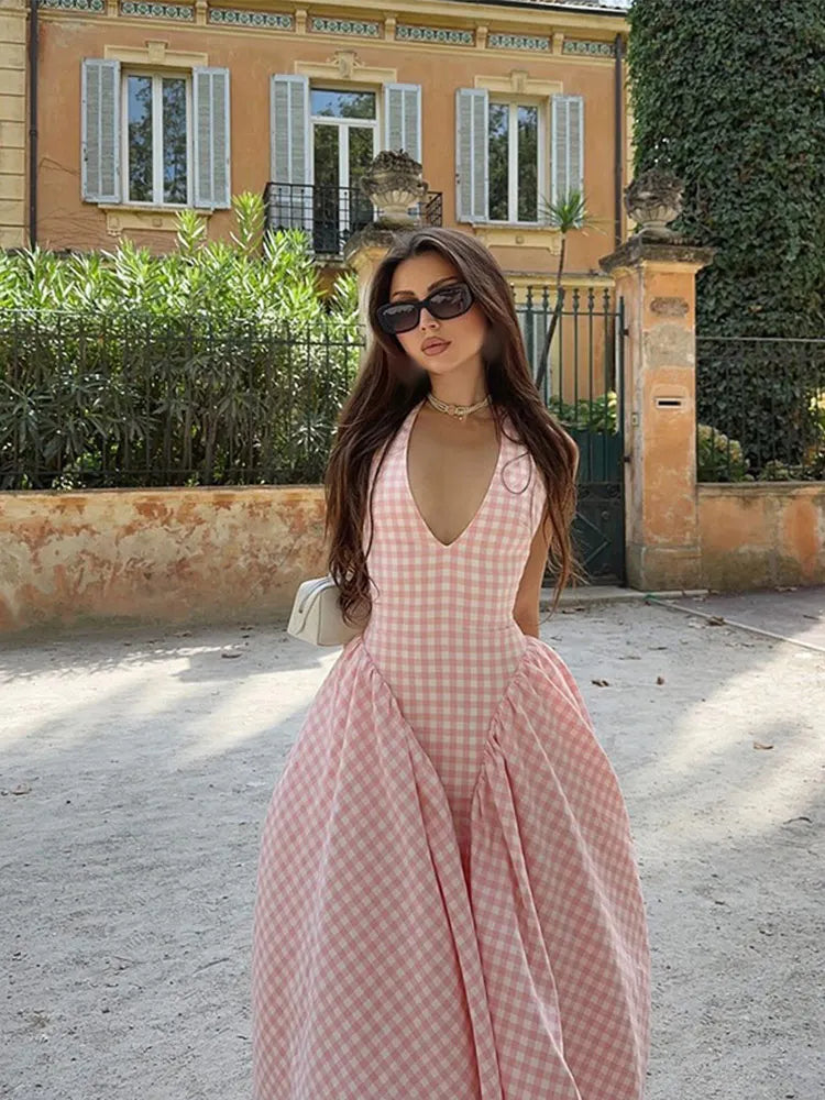 Aiertu  -  Fashion Pink Plaid Print Halter Dress Women Sexy V-neck Off Shoulder Pleated A-line Dresses 2026 High Street Vacation Vestido Aiertu