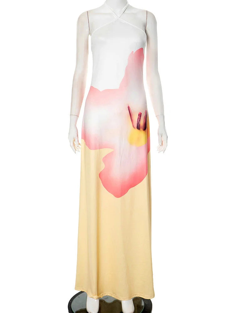 Aiertu  -  Fashion Printed Backless Maxi Dress Female Summer 2025 Slim Sleeveless Contrast Loose Halter Dress Women's Y2k Long Dress Aiertu