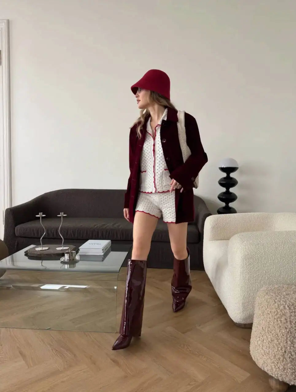 Aiertu  -  Knitted Shorts Set Fashion Casual Clashing Cardigan Top Lace Up Shorts Set Women  Vacation Sports Knitted Shorts Set Aiertu