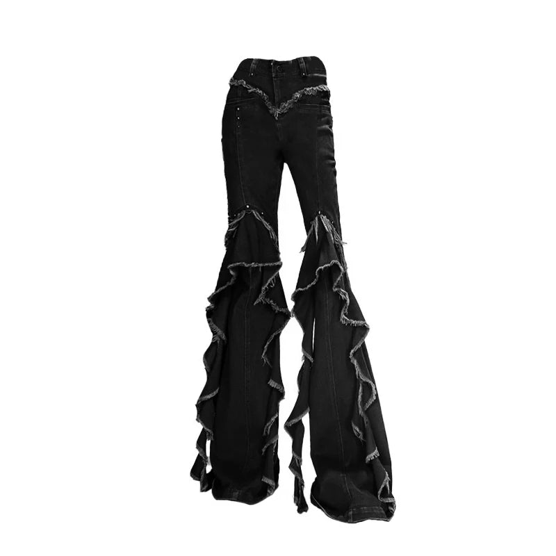 Aiertu  -  Western Punk Studded Women Flare Jeans Retro Brown Raw Edge Ruffle HemHigh Riuse Bootcut Pants Bell Bottoms Streetwear Aiertu