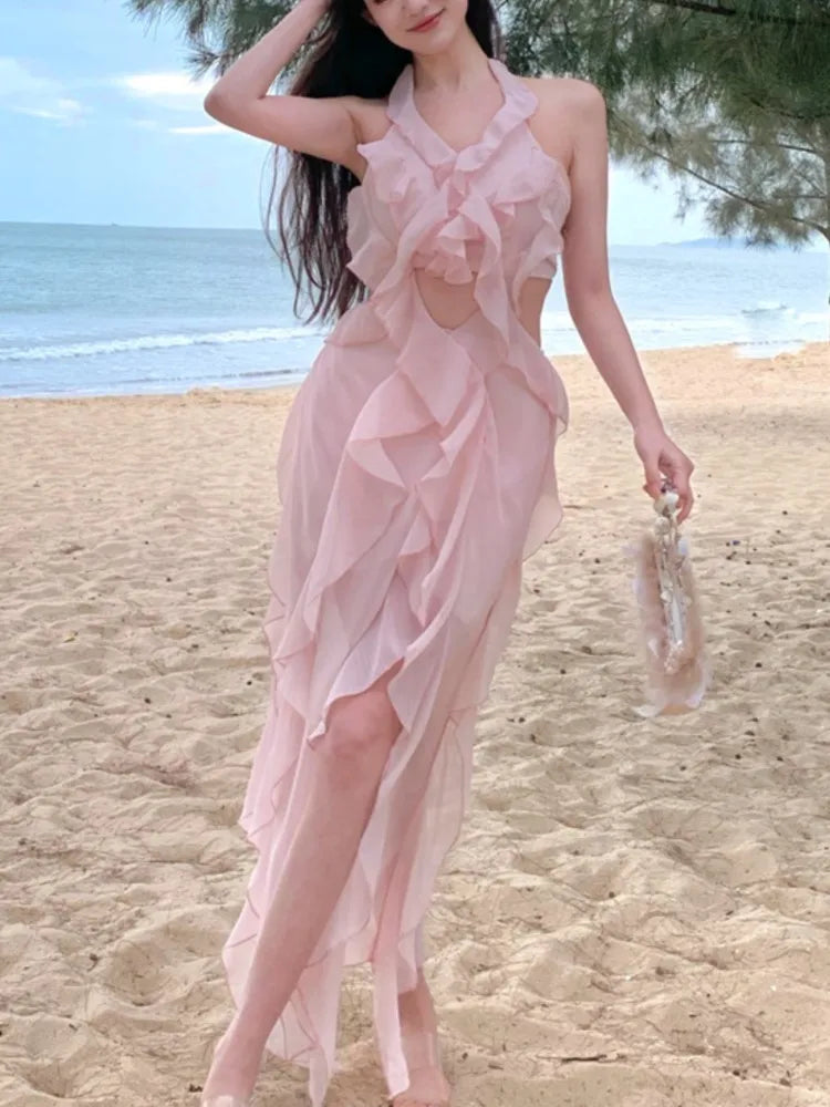 Aiertu  -  Sweet Pink Fairy Dress for Women Summer Halter Off Shoulder Sleeveless Ruffle Princess Birthday Party Dress Slim Casual Vestidos Aiertu