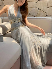 Aiertu  -  Sweet Hot Girl Retro Halter Strap V-neck Dress Women's Spring/summer Pure Sexy A-line Party Long Dress Fashion Female Clothes Aiertu