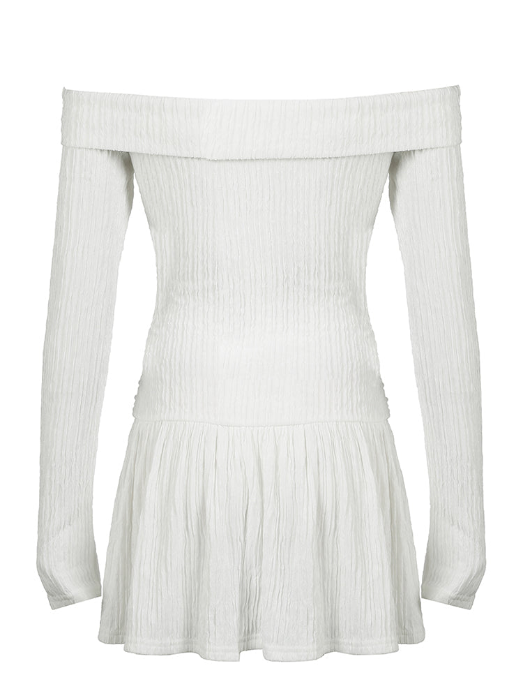 Aiertu - summer inspo Korean Fashion Slash Neck Elegant Long Sleeve A Line White Dress Women Shirring Slim Waist Simple Sweet Japanese Clothing Aiertu