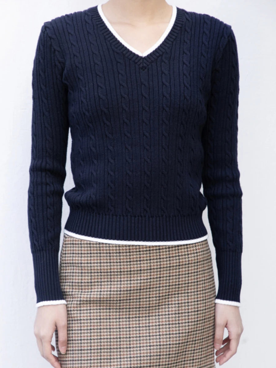 Aiertu  -  Classic Twisted Long Sleeve Sweater Women Contrast V Neck Knitted Pullover Tops Winter New American Vintage Preppy Style Jumper Aiertu