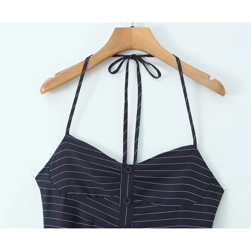 Aiertu  -  Sexy Elegant Women Navy Blue Striped Halter Mini Dress Summer Female Backless Low Waist A-line Party Dresses High Street Robe Aiertu
