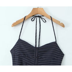 Aiertu  -  Sexy Elegant Women Navy Blue Striped Halter Mini Dress Summer Female Backless Low Waist A-line Party Dresses High Street Robe Aiertu