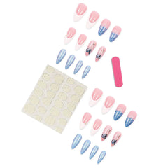 Aiertu  -  24PCS Retro French Fake Nail Art Glitter Simple Blue Sequin Butterfly Designs Almond Detachable Press on Nails Sweet False Nails Aiertu